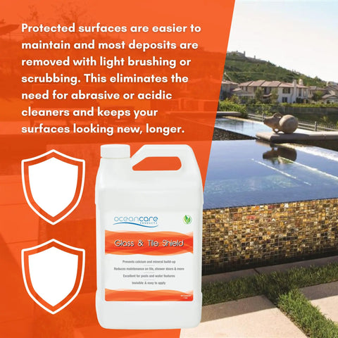 Glass And Tile Shield Gallon Protectant packaging in front of pool with tile and water feature, highlighting protection features.