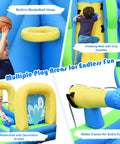 Inflatable Water Slide With Splash Pool, Arch, Climbing Wall And Two Water Cannons, Giant Backyard Water Park For Kids, Outdoor Blow Up Slide Fun Without Blower in use with built-in basketball hoop and climbing wall.