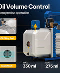 Close-up of Powerful Workhorse 110V One Third HP AC Vacuum Pump Kit with 5 CFM single stage showing oil filling port and scale mark