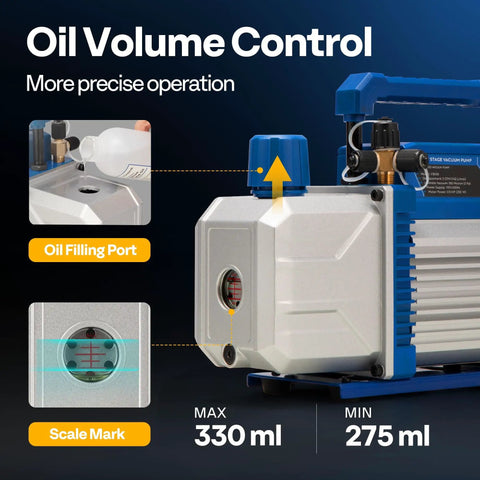 Close-up of Powerful Workhorse 110V One Third HP AC Vacuum Pump Kit with 5 CFM single stage showing oil filling port and scale mark