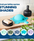 Silicone Turtle Bathtub Overflow Drain Cover In Sea Grass Green Adds Inches For A Deep Chill Soak With Leakproof Fit And No Sweat Bathroom Upgrade That Is A Total Game Changer on a wooden shelf with soap and a black dispenser.