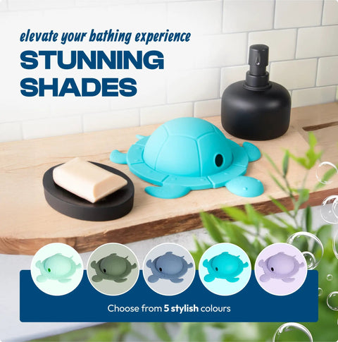Silicone Turtle Bathtub Overflow Drain Cover In Sea Grass Green Adds Inches For A Deep Chill Soak With Leakproof Fit And No Sweat Bathroom Upgrade That Is A Total Game Changer on a wooden shelf with soap and a black dispenser.