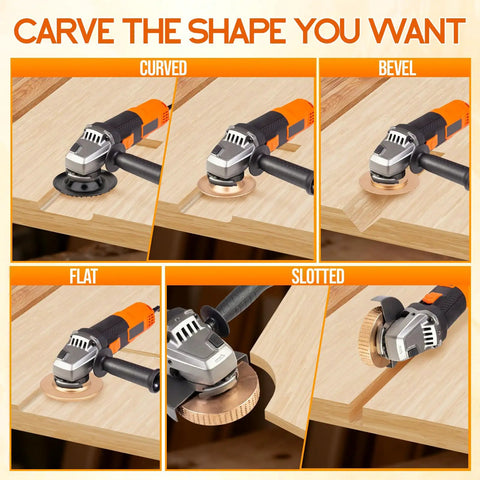 5 Piece Wood Carving Disc Set For Angle Grinder With 4 Inch And 4.5 Inch Attachments, Stump Grinder Wheel in use on wood.