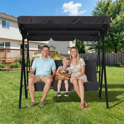 Family sitting on a Three Seat Outdoor Porch Swing With Canopy And Cushions For Backyard And Garden Comfort in a garden