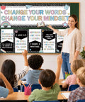 Teacher with students, pointing at 2 Pack Composition Notebook Banner Posters For Classroom Growth Mindset Decor on board.