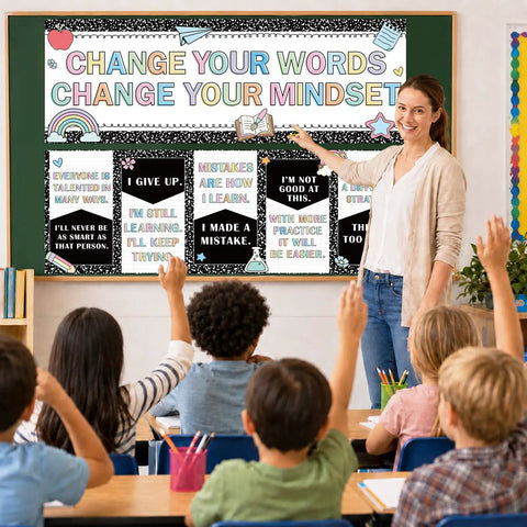 Teacher with students, pointing at 2 Pack Composition Notebook Banner Posters For Classroom Growth Mindset Decor on board.