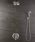 All In One Shower System With Wall Mounted Fixtures Rough In Valve And Trim Kit In Brushed Nickel on dark tile wall