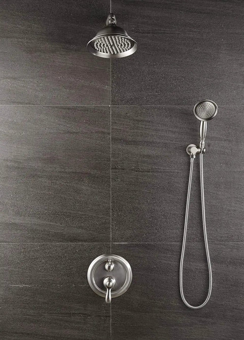 All In One Shower System With Wall Mounted Fixtures Rough In Valve And Trim Kit In Brushed Nickel on dark tile wall