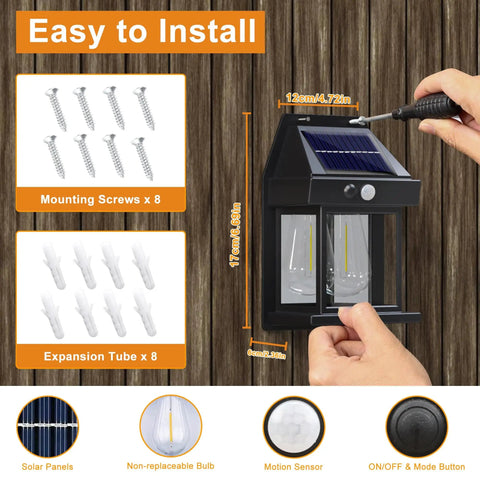 Outdoor Solar Wall Lights 2 Pack, Waterproof Brighter Porch Square Lights With Motion Sensor, 3 Modes, 120 Degree Detection installation with screws and tubing