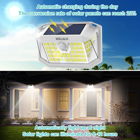 Solar Motion Sensor Outdoor Lights 4 Pack 188 LED, 270 Degree Wide Angle IP65 Waterproof Wall Flood Lights showing day and night use