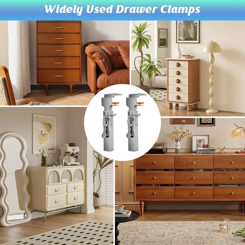 2 Pack Adjustable Drawer Front Installation Clamps Lock Down Cabinet Hardware Alignment Jig set shown within modern living spaces.
