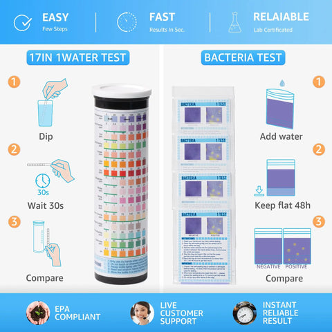17 in 1 Drinking Water Test Kit With 100 Strips And 4 Bacteria Tests For Tap, Well And Home Water Quality, Easy To Test Read And Detect Hardness Lead Iron pH Copper Bacteria And More.