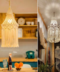 Boho Plug In Pendant Light With Macrame Shade And Hemp Rope Cord Dimmable Switch From 10 To 100 Percent Brightness Indoor Hanging Lamp For Bedroom Living Room Cozy Boho Vibe Chandelier Lighting 1 Pack, shown in cozy room setting with macrame details and dimmable LED