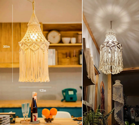 Boho Plug In Pendant Light With Macrame Shade And Hemp Rope Cord Dimmable Switch From 10 To 100 Percent Brightness Indoor Hanging Lamp For Bedroom Living Room Cozy Boho Vibe Chandelier Lighting 1 Pack, shown in cozy room setting with macrame details and dimmable LED