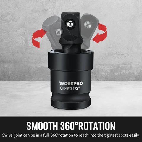 Pro Grade Impact Socket Adapters And Reducers Kit With Universal Joints And Drill Adapters, One Half Inch Drive, showing 360 rotation.