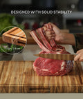 Killer Size Top Shelf Teak Wood Cutting Board 20X15 Inches food safe kitchen prep station with meat being chopped.