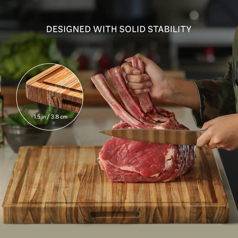 Killer Size Top Shelf Teak Wood Cutting Board 20X15 Inches food safe kitchen prep station with meat being chopped.