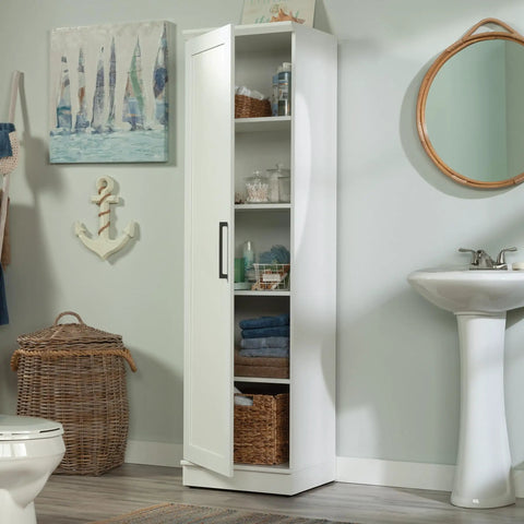 Slim Pantry Cabinet With Adjustable Shelves in soft white, single door open, displaying organized items in bathroom setting