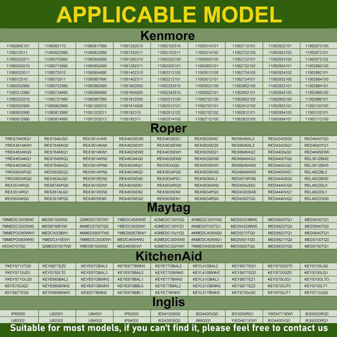 Chart showing applicable dryer models for Kenmore, Roper, Maytag, KitchenAid, and Inglis brands