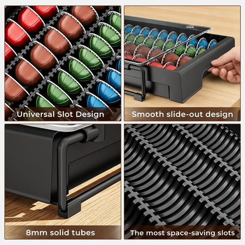 3 Inch Slim Crystal Glass Coffee Capsule Organizer Drawer For Nespresso Vertuo Pods Holds 24 Pods NP06 with universal slots and sleek pull-out design.
