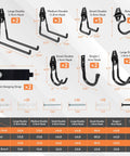 Image showcasing contents of 20 Pack Heavy Duty Garage Hooks Set With 7 Sizes And 2 Extension Cord Organizer Straps For Wall Mounted Hanging Bike Ladder Garden Tools Hoses And Ropes Black Finish.