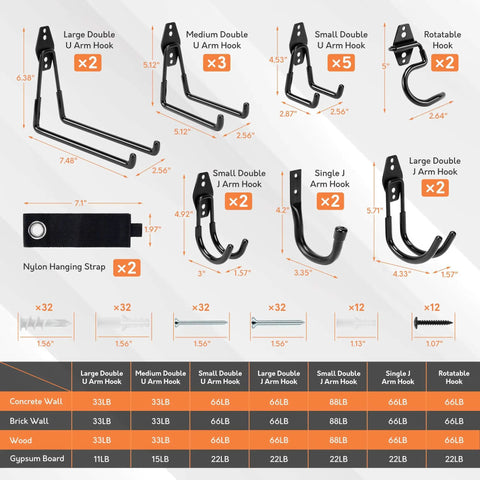 Image showcasing contents of 20 Pack Heavy Duty Garage Hooks Set With 7 Sizes And 2 Extension Cord Organizer Straps For Wall Mounted Hanging Bike Ladder Garden Tools Hoses And Ropes Black Finish.