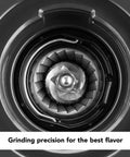 Close-up view of Premium Burr Coffee Grinder With Smart Dosing Technology For Dead Simple French Press To Espresso Ground Settings In Smooth Charcoal Grey Design.