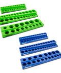 Six Pack Magnetic Socket Tray Set With Color Coded Metric And SAE Organizers For One Quarter Inch Three Eighths Inch And One Half Inch Drive Sockets Green And Blue Tool Organizer Tray Set To Keep Your Drawer Tidy featuring six trays arranged in green and blue colors for various socket sizes.