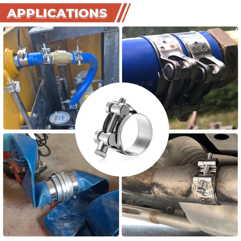 Pro Grade T-Bolt Hose Clamps Assortment Kit Features 50 Pieces Of Premium 304 Stainless Steel, applications in automotive tubing.