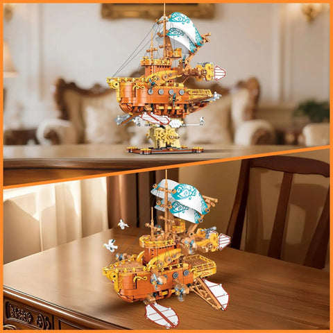 Massive 1864 Piece Fantasy Steampunk Spaceship Building Set For Adults displayed on a wooden table in a cozy room
