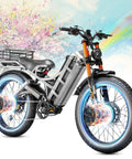 King Of The Road Dual Motor Electric Bike For Adults with 26x4 inch tires and sleek design against artistic background.