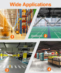 Collage showing applications of UFO LED High Bay Light 100W For Warehouses, Stadiums, Garage, and Supermarket lighting.