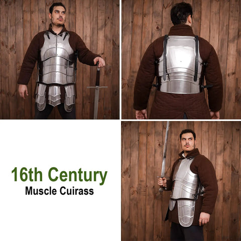 Beefy 18 Gauge Medieval Cuirass Armor With Tassets For LARP And Cosplay Full Chest Groin And Hip Protection Front and Back View