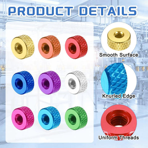 Slick Rolling Knurled Thumb Nuts 4 Pack M6 Thread Aluminum Handle Fasteners in various colors with knurled edges.