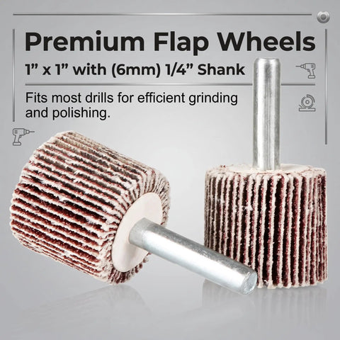 50 Pack 1 Inch Flap Wheel Sander Set, 80 Grit Aluminum Oxide Wheels for Drill with 1/4 Inch Shank displayed on gray background