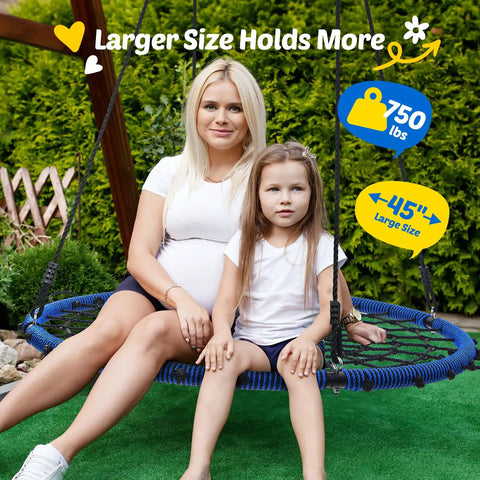 Heavy Duty 45 Inch Spider Web Tree Swing For Kids And Adults Outdoor Steel Frame Saucer Net Swing With Swivel Adjustable Ropes And Two Tree Straps Blue Patented Design with woman and child sitting
