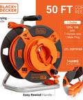 50 Ft Outdoor Extension Cord Reel With 14 AWG SJTW Cable and Heavy Duty Rewind Handle, showcasing premium cord retractor details.