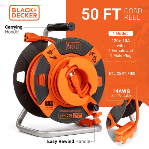 50 Ft Outdoor Extension Cord Reel With 14 AWG SJTW Cable and Heavy Duty Rewind Handle, showcasing premium cord retractor details.