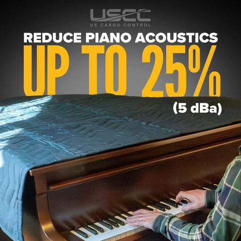 Massive Studio Ready 96 By 80 Inch Sound Dampening Blanket on piano reducing acoustics by 25%, featuring blue quilted material.