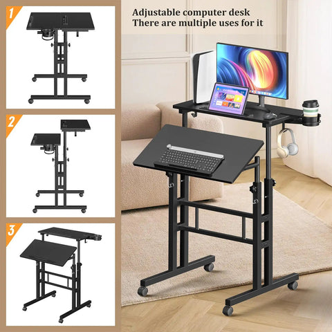 Rolling Standing Desk On Wheels With Height Adjustment Mobile Sit Stand Computer Desk in living room setup, screens and keyboard visible.
