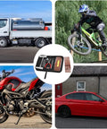 Knuckle Tough Roadside Flat Tire Repair Kit 61 Piece Set with tools in the center, surrounded by cars and bikes.