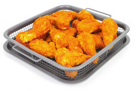 Crisping Basket And Tray Set For Air Fryers With Nonstick Coating, Even Cooking And Grease Catcher, 9 By 10 Inch, with crispy food