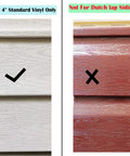 Illustration showing Vinyl Siding Mount compatibility with 4-inch standard vinyl siding and incompatibility with Dutch lap siding.