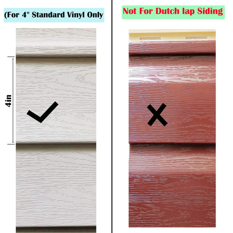 Illustration showing Vinyl Siding Mount compatibility with 4-inch standard vinyl siding and incompatibility with Dutch lap siding.