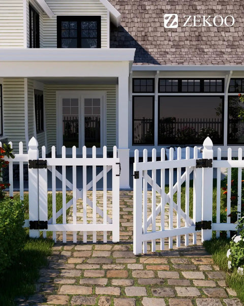 White vinyl fence with black heavy duty self closing gate hinges for stainless steel 304 rust proof construction, ideal for vinyl gates