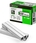 Twenty Gauge Galvanized Staples With Half Inch Crown And Three Eighths Length Match Type Fifty Staplers Hold Five Thousand Forty rust-proof fasteners stacked beside the box.