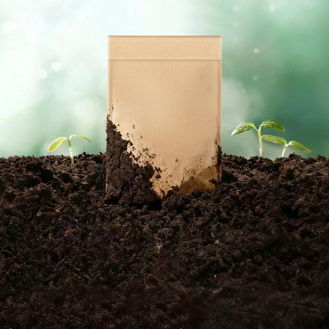 Rigid Kraft Mailers 6x9 Inches Pack 50 Eco Friendly Recyclable Mailers With Corrugated Inside Padded Self Seal Envelopes For Documents CDs Photos Files Postcards Great For Small Biz Shipping partially buried in soil with seedlings