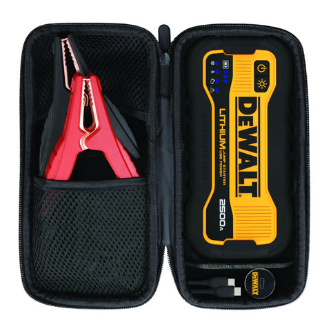 Open carrying case showing 2500 Peak Amp Lithium Kickstart Jump Starter With USB Power Bank and cables, ideal for cars and trucks.