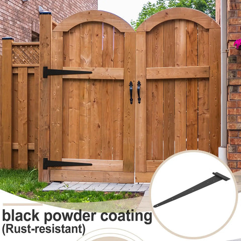 Two Pack Oversized 26 And A Quarter Inch Heavy Duty Black T Shaped Door Hinges on wooden garden gate