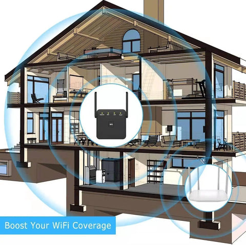 Image of Speedy WiFi Extender Repeater And Booster For Home Use in a large house, covering up to 10000 sq ft, eliminating dead zones.